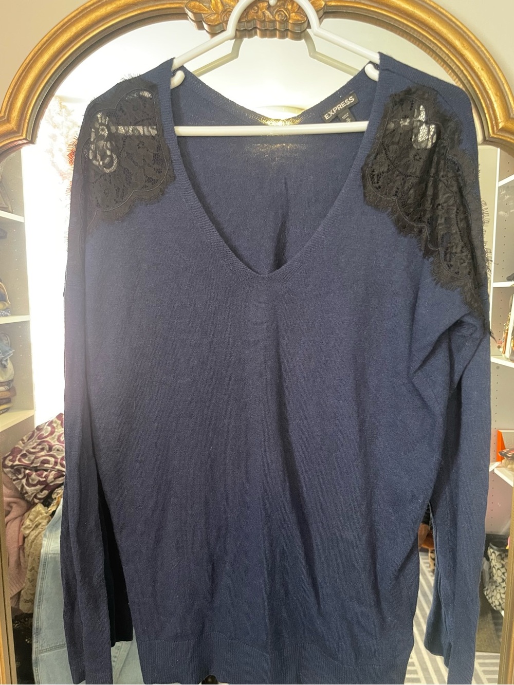 Express Navy V-Neck Sweater with Black Lace Shoulder Accents